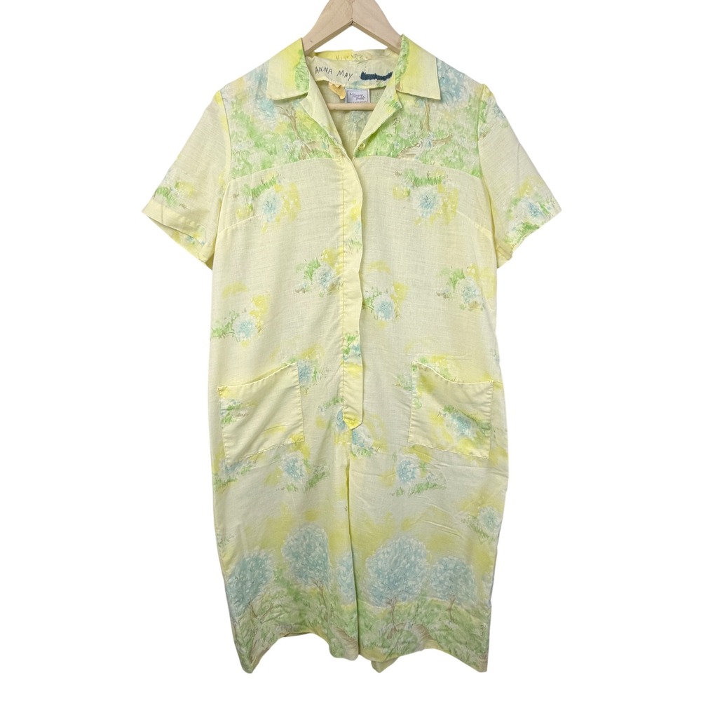 Vintage A Nancy Frock House Dress Yellow Floral Zip Front Pockets cottagecore